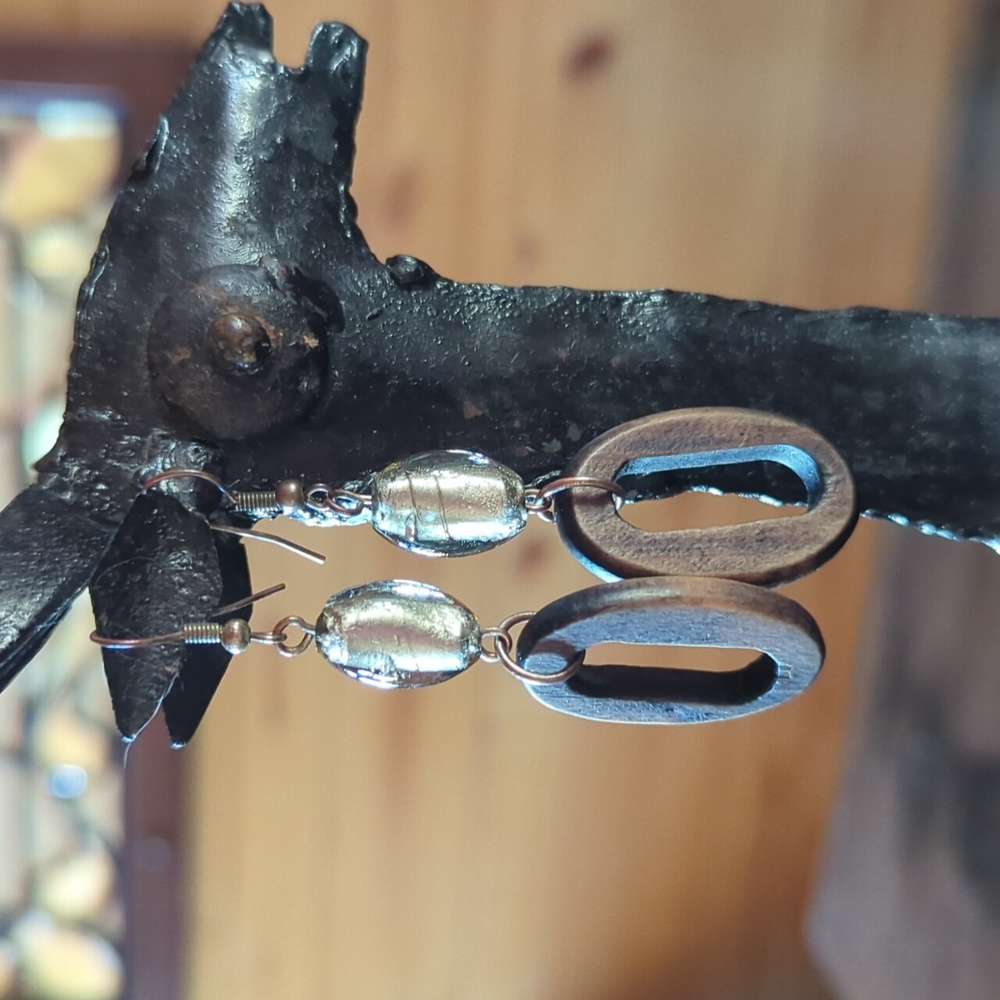 Wood and Clear Bead Dangle Earrings.